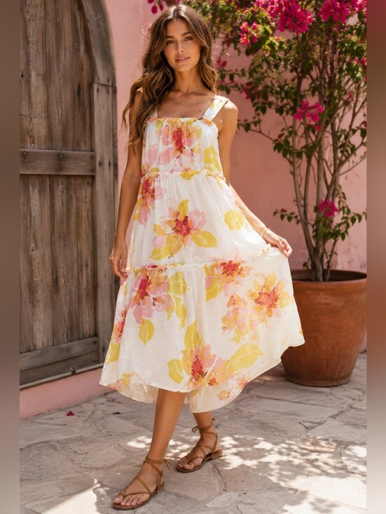 Free People Dresses & Skirts - Free People Moonshine Floral Tiered Midi Dress White Pink Yellow Oversized S